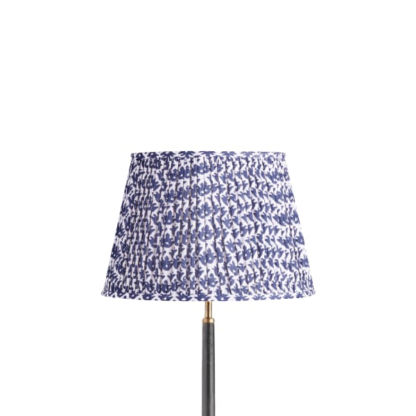 35cm straight empire gathered lampshade in temple blue block printed cotton