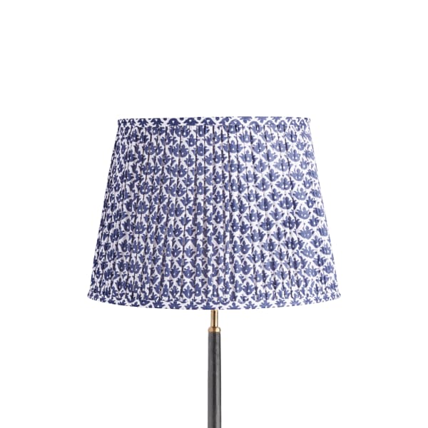 40cm straight empire gathered lampshade in temple blue block printed cotton