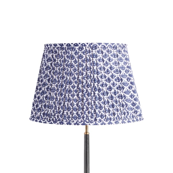 45cm straight empire gathered lampshade in temple blue block printed cotton
