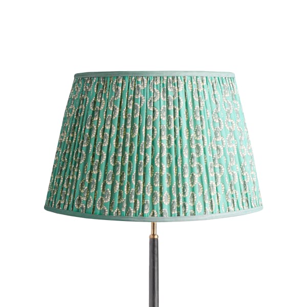 50cm straight empire shade with adjustable gimbal in aqua block printed Dotty gathered cotton by GP & J Baker