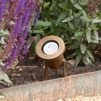 Zennor ip65 garden spotlight on adjustable bracket in brass